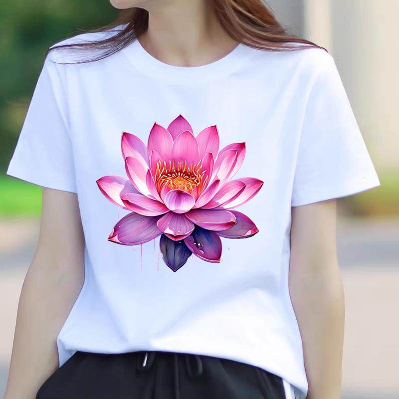 个性花朵网红爆款女士时尚通勤休闲印花ins韩版圆领打底衫短袖T恤