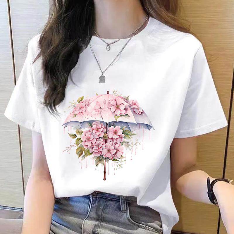 休闲韩版薄款外穿夏季洋气女圆领花朵花卉新款印花ins时尚短袖T恤