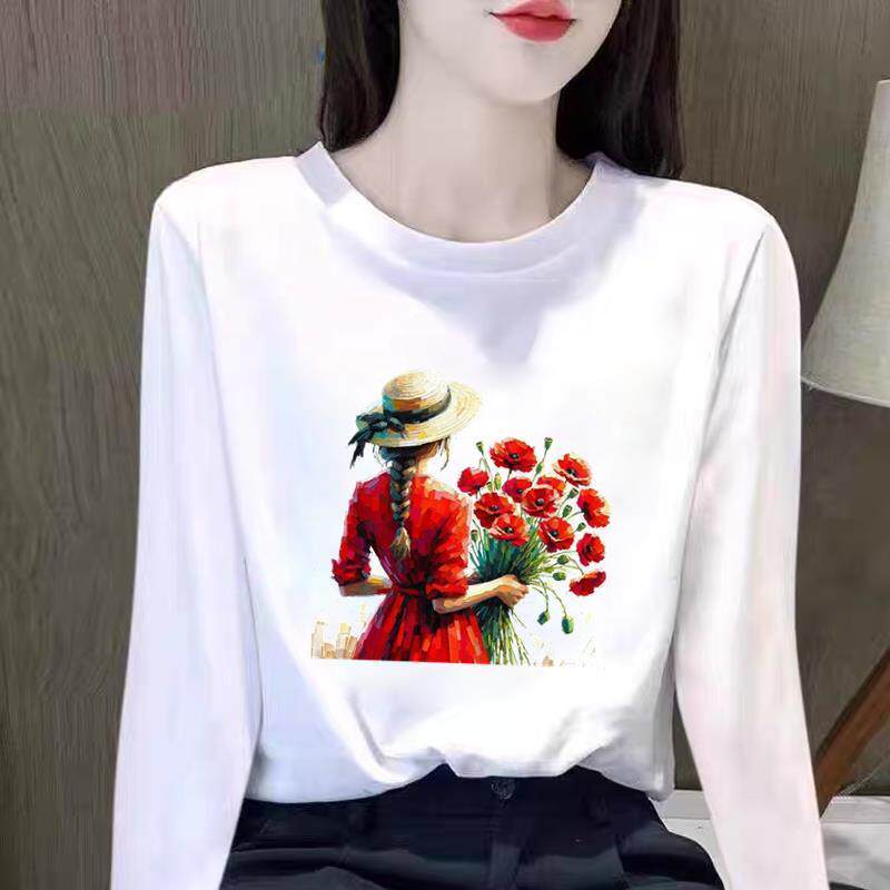 女士春秋季冬时尚网红美式卡通长袖收腰印花洋气上衣可爱圆领T恤