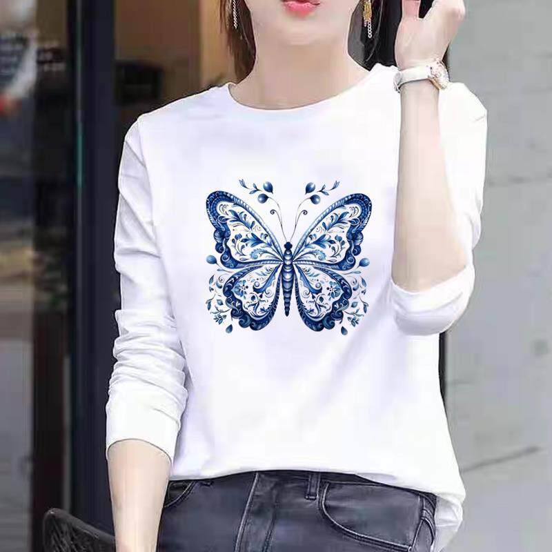可爱外穿蝴蝶印花圆领休闲秋冬春季打底衫长袖上衣花卉女个性T恤