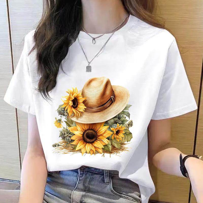 休闲韩版薄款外穿夏季新款印花ins洋气复古花朵女圆领时尚短袖T恤