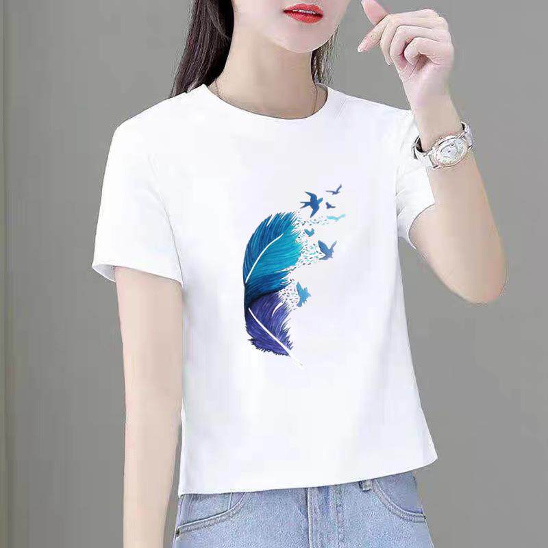 羽毛潮流可爱休闲印花网红爆款新款夏季短袖ins洋气女上衣时尚T恤