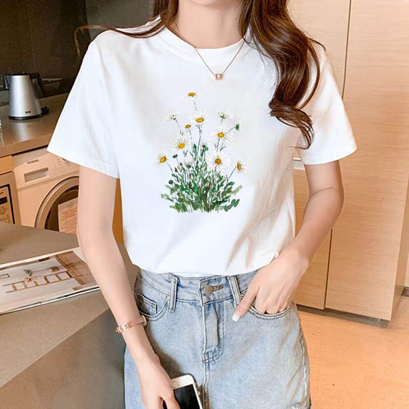 网红爆款新款花朵夏季短袖休闲印花可爱ins洋气女上衣圆领时尚T恤