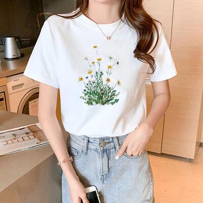 网红爆款新款花朵夏季短袖休闲印花可爱ins洋气女上衣圆领时尚T恤