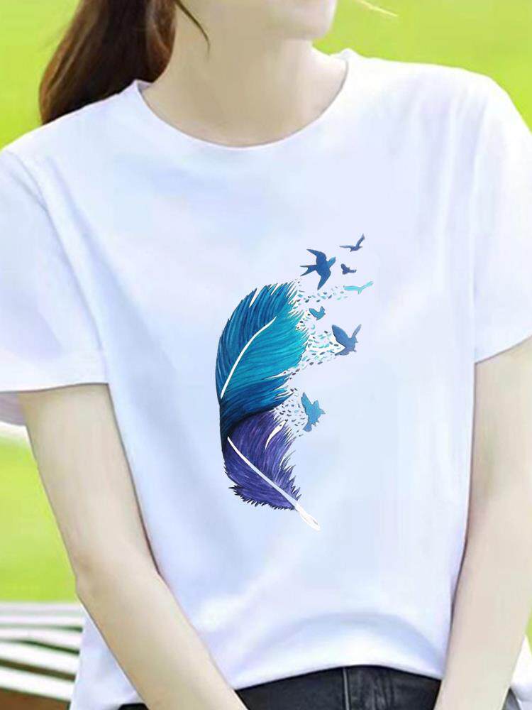 羽毛显瘦网红爆款新款短袖休闲薄款印花ins洋气女韩版圆领时尚T恤