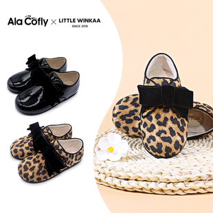 little winkaa童鞋女2026新款春季丝绒蝴蝶结豹纹漆皮公主舞蹈鞋
