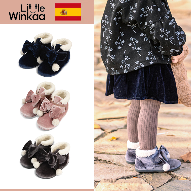 little winkaa儿童女童蝴蝶结毛球短靴宝宝加绒2024新款冬季靴子