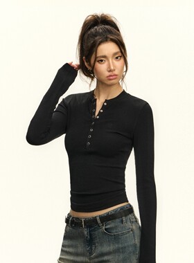 【Coco喜欢】Ariseism 美式亨利领白色修身长袖T恤上衣内搭打底衫