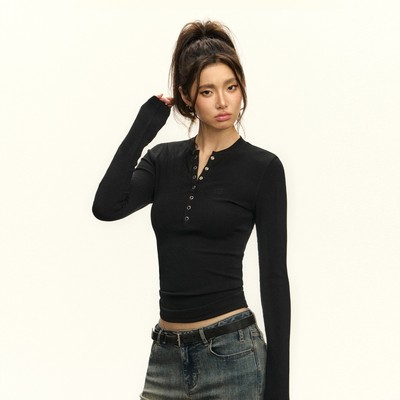 【Coco喜欢】Ariseism 美式亨利领白色修身长袖T恤上衣内搭打底衫