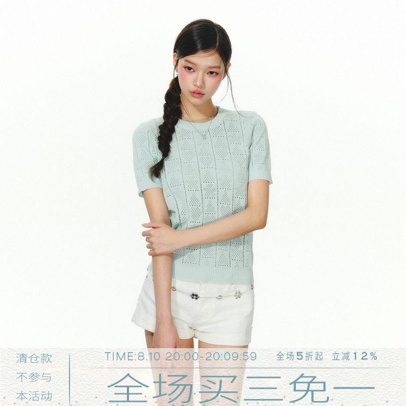 MMMOUND 设计感镂空针织短袖t恤女夏季新款修身上衣