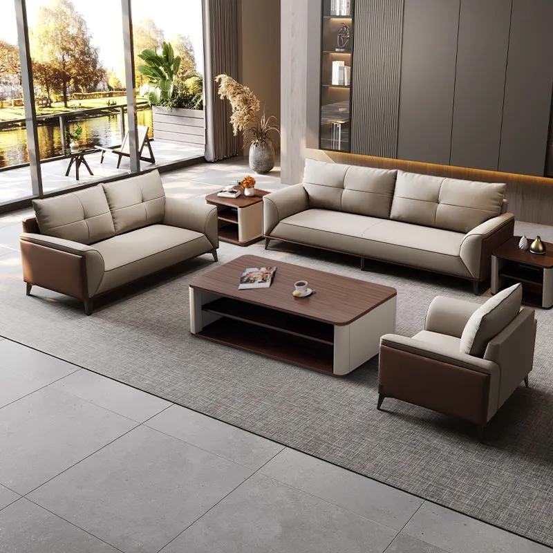 办公室沙发高档猫爪皮商务接待会客简约现代真皮三人茶几组合套