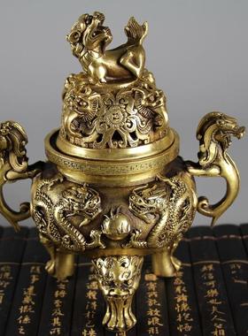 仿古古玩铜器收藏 仿古纯铜双龙戏珠香炉 大明宣德年制铜香炉摆件