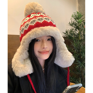 雷峰帽女款冬季保暖费尔岛风针织毛线帽子女加绒加厚显脸小帽子女