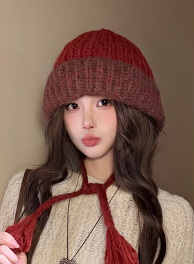 红色护耳毛线帽女秋冬季百搭显脸小针织帽大头围保暖包头帽子女款