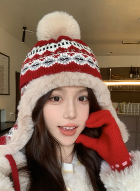 新年红色毛线帽子女秋冬季费尔岛东北防寒加绒保暖护耳针织雷锋帽