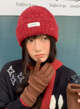 红色毛线帽女秋冬季韩版百搭显脸小保暖针织帽大头围加厚包头帽子