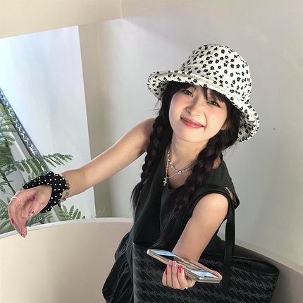 可爱碎花女士渔夫帽夏季百搭大头围防紫外线遮阳帽子显脸小盆帽秋