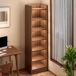 胡桃色实木生态板书架置物架落地家用一体靠墙转角收纳柜子窄书柜