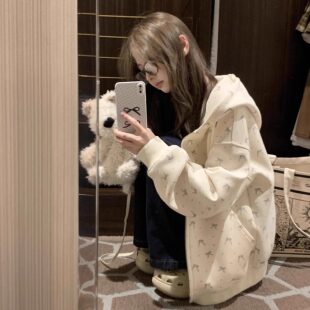 宽松休闲 奶fufu学生连帽碎花卫衣外套女2025秋开 炼 拉炼 学院 衫