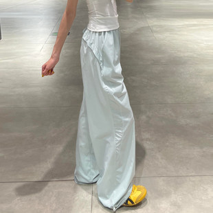 女夏季 裤 薄款 2025新款 小个子阔腿运 蓝色速干 宽松直筒休闲 干工装