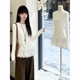 叠穿打底衫 韩系百搭白色蕾丝拼接长袖 修身 新款 上衣 T恤女2026春季