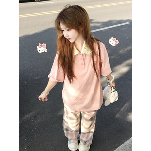 宽松甜美可爱半袖 2025新款 上衣 t恤女夏季 粉色碎花撞色polo领短袖