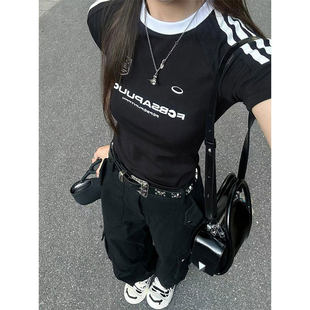 设计感小众短款 美式 修身 t恤女夏季 甜辣妹上衣 黑色三条杠正肩短袖