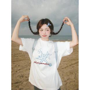 设计感小众宽松慵懒半袖 t恤女2025新款 上衣 覆古正肩短袖 纯棉美式