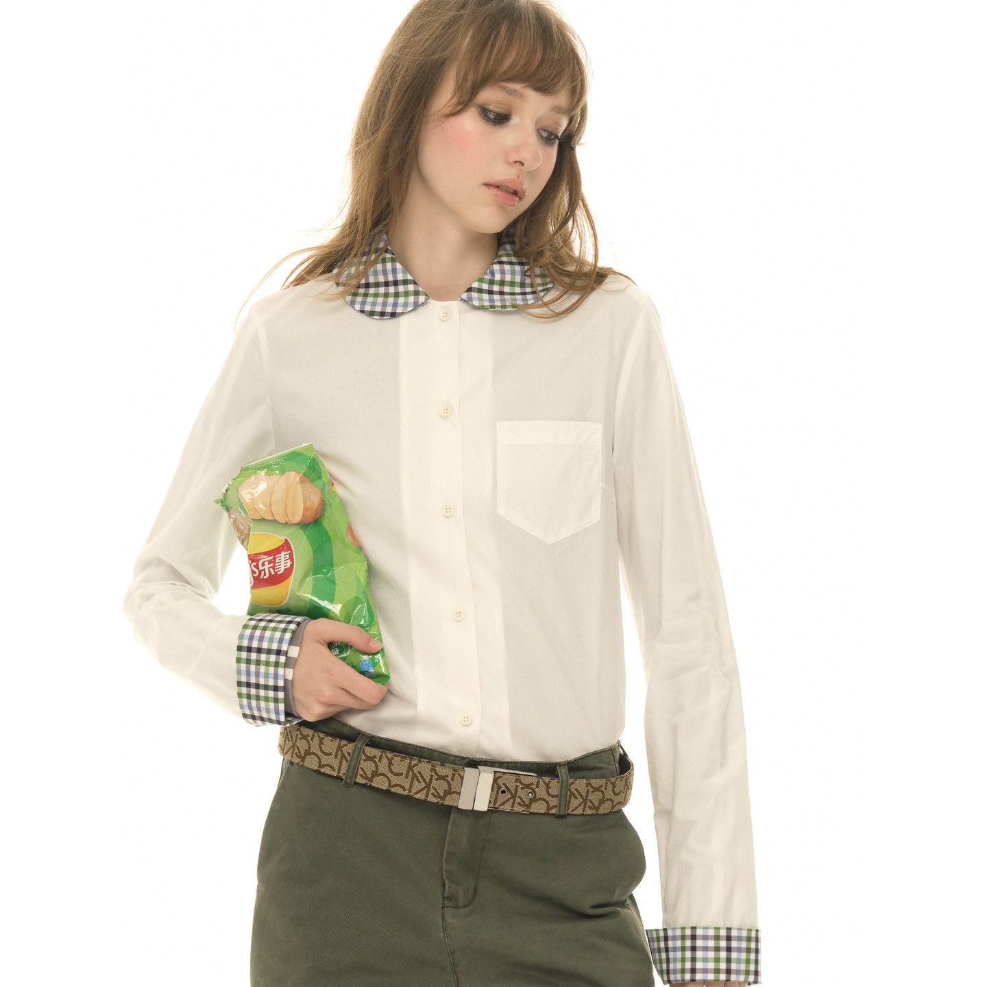 UNRETRO格子拼接设计复古修身娃娃领长袖衬衫女秋小个子纯棉衬衣