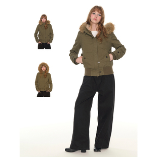 连帽开衫 UNRETRO美式 修身 短款 上衣 复古毛领棉服外套女2025冬季