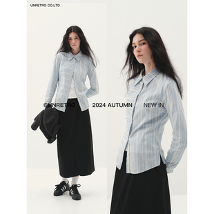 衬衫 UNRETRO 美式 蓝色条纹长袖 收腰显瘦小个子正肩上衣 女春秋季