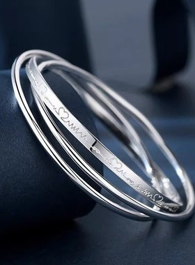 新款纯银三生三世怦然心动银手镯女多环实心足银送女生礼物无