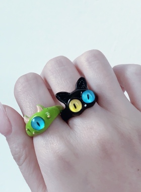 甜糖 搞怪黑猫小怪兽戒指大眼仔甜酷卡通可爱闺蜜情侣指环礼物饰