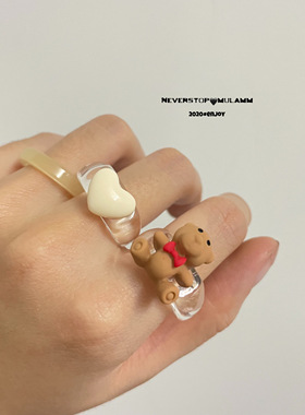 【Neverstop】韩国东大门设计ins小熊爱心亚克力透明戒指