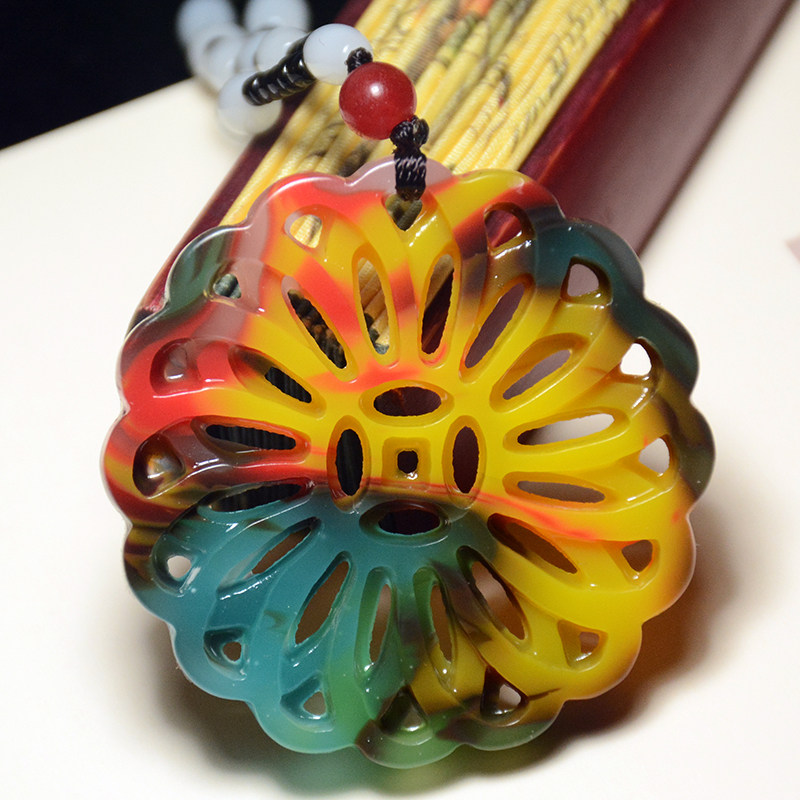 仿古鸡血石时来运转挂件七彩玉
