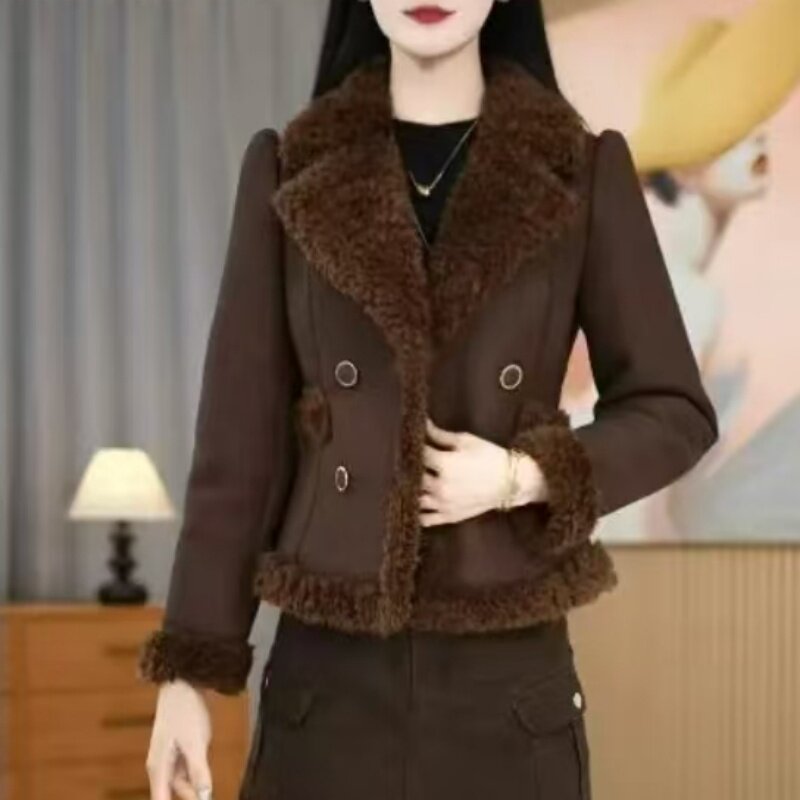 女士双排扣加绒棉袄皮毛一体外套