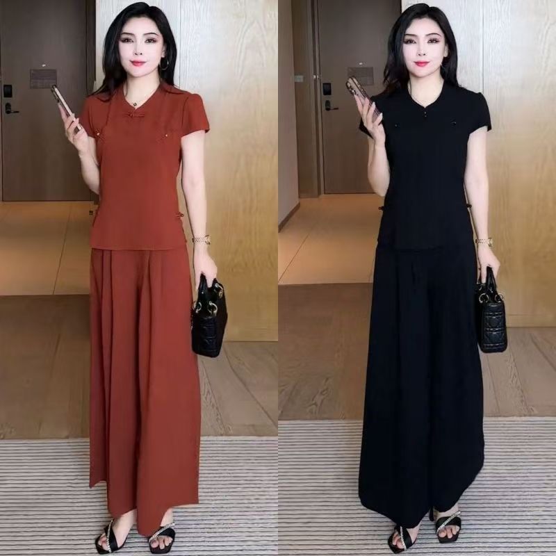 妈妈装夏季时尚短袖套装休闲显瘦上衣中年女士夏装洋气纯色两件套