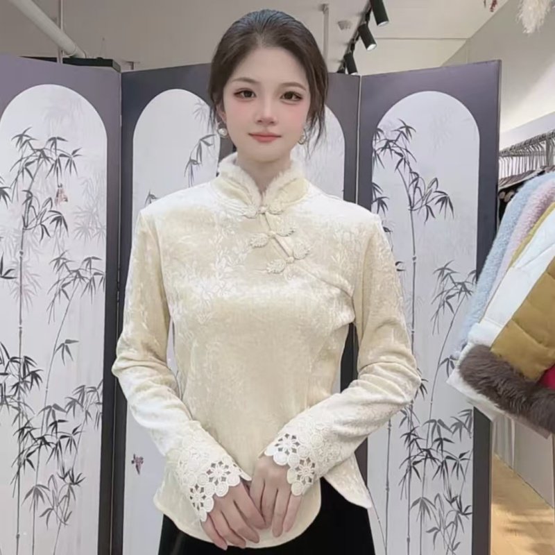 女士秋冬新款新中式加厚长袖小衫加绒保暖上衣妈妈洋气百搭打底衫