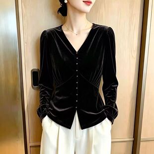 女士秋季金丝绒长袖打底衫小个子洋气百搭T恤衫洋气宽松显瘦小衫