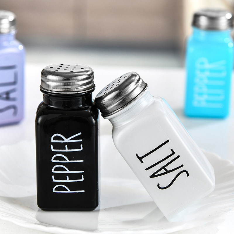 黑白方形玻璃调料罐撒料罐椒盐瓶调料盒椒盐套装家用胡椒粉调味瓶