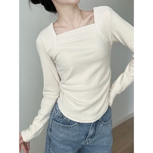 韩系少女德绒秋冬款 收腰百搭上衣女 甜心衣方领褶皱保暖打底衫