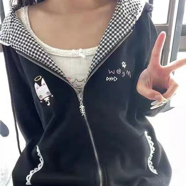 现货学院风黑色猫耳朵连帽外套女