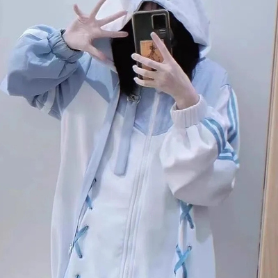 现货娃娃领软妹宽松绑带拉链卫衣