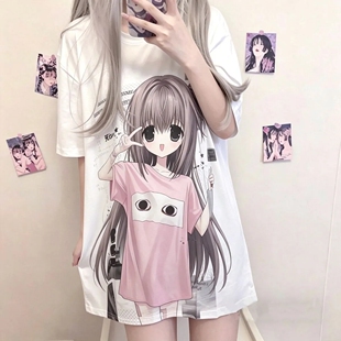 现货日系二次元甜妹可爱软萌少女动漫印花亚萌系痛t宽松百搭上衣