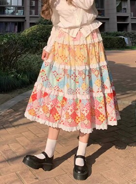 夏季设计感碎花蛋糕高腰半身裙女