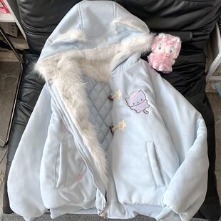 日系软妹可爱猫咪刺绣棉衣毛茸绒棉袄外套女冬季夹棉加厚保暖棉服