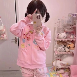 美式复古日系女儿服可爱拼接连帽卫衣开衫女春秋慵懒拉链粉色外套