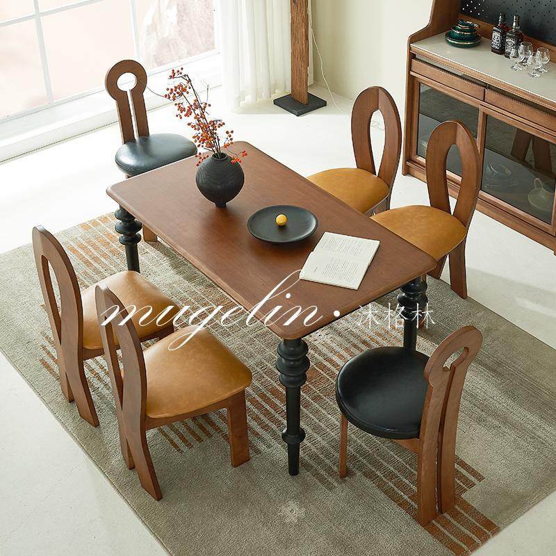 法式中古餐厅实木餐桌椅组合美式轻奢创意罗马柱复古长方形饭桌子