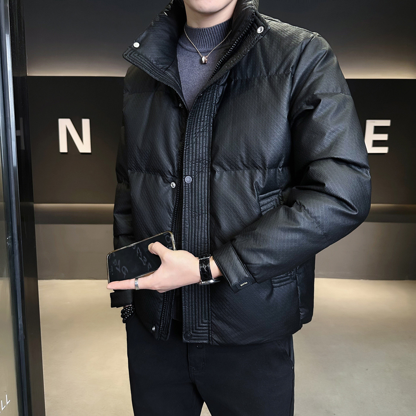 潮牌立领PU皮羽绒服男冬季2025加厚保暖防寒服痞帅高级感羽绒外套