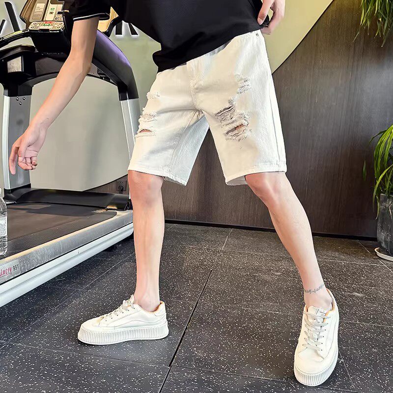 夏季薄款破洞牛仔短裤男2026新款做旧牛仔裤高端轻奢休闲五分裤子图片